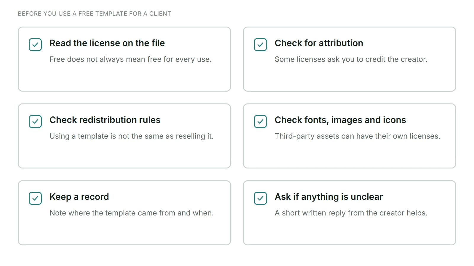 Checklist before using a free template for a client: read the license, check attribution, check redistribution rules, check fonts and images, keep a record, ask if unclear
